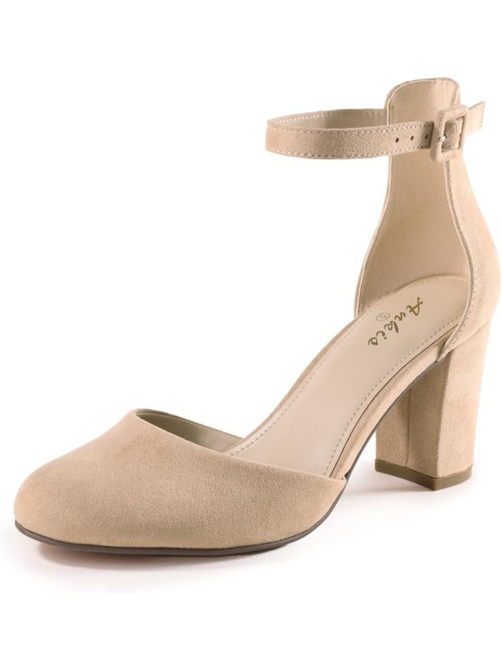 Women's Nude Suede Closed Round Toe Chunky Heels Adjustable Ankle Strap Pumps